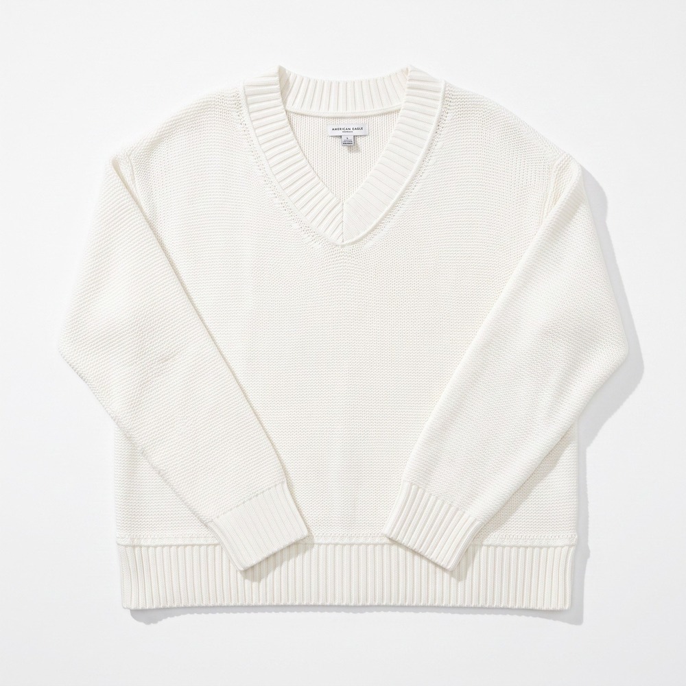 American Eagle M White Womens V-Neck Cotton Sweater Oversized Casual Cozy Boho